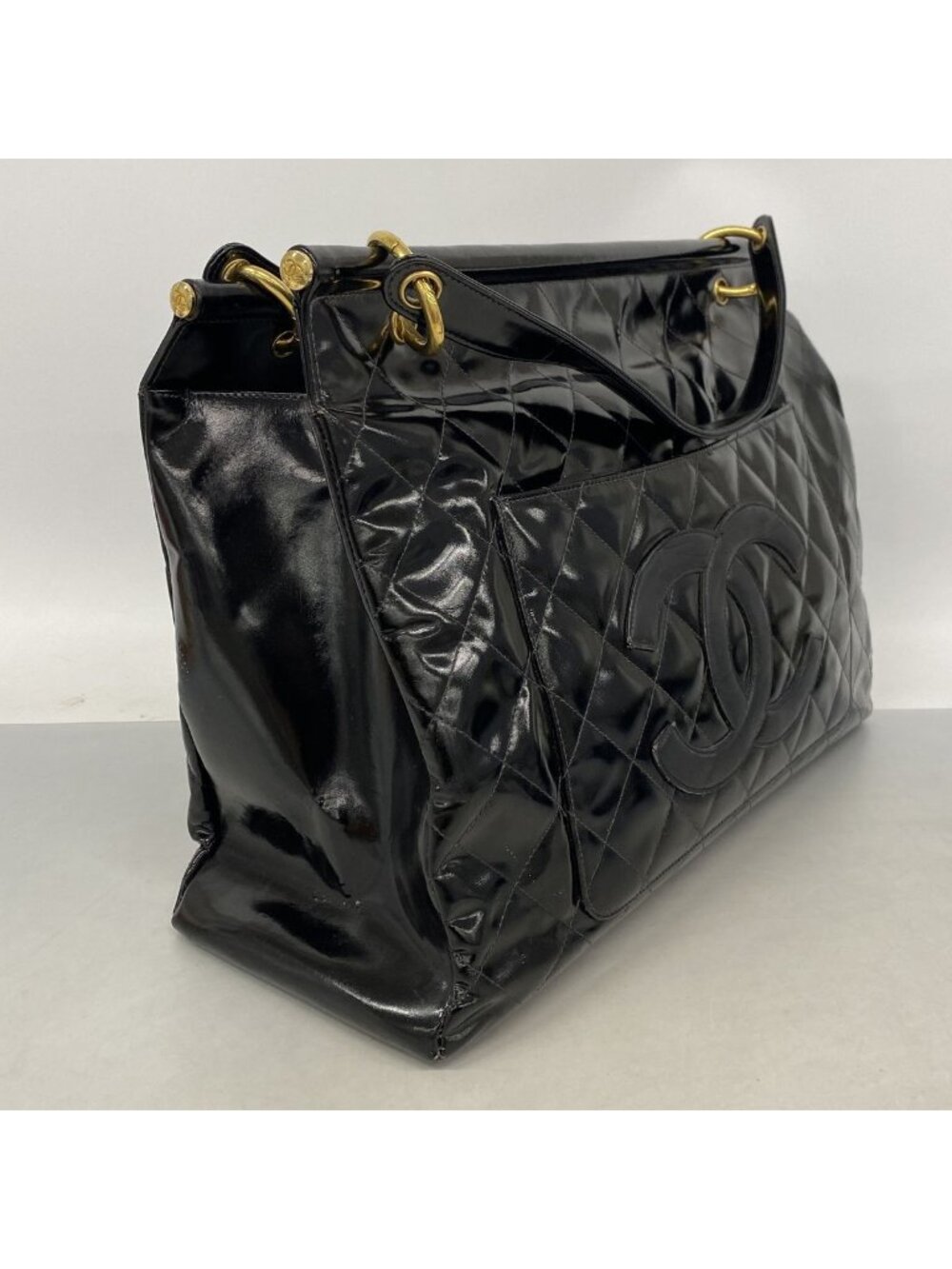 Chanel Tote Bag Quilted Patent Leather Black Gold - Picture 2 of 12